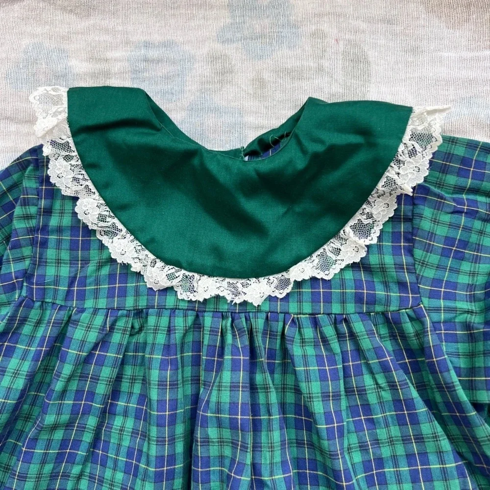 Plaid Lace Ruffle Dress‎ Girls 2T Green Tartan Prairie Cottagecore